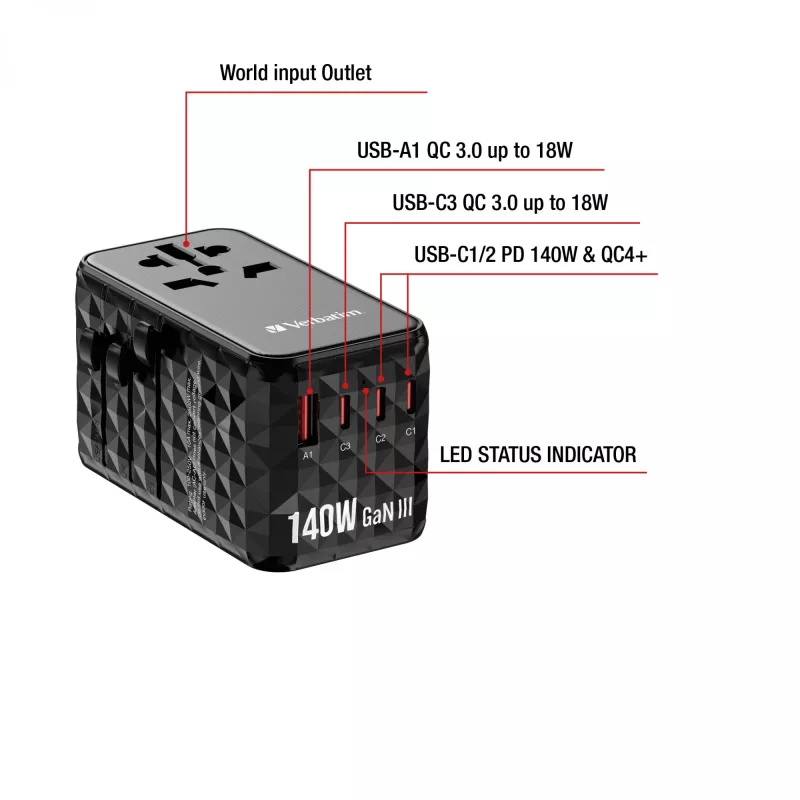 Verbatim UTA-10 140W GaN III Universalus kelioninis adapteris su 2x USB-C PD 3.1 ir QC 4+, 1x USB-C PD 3.0 ir 1x USB-A QC 3.0