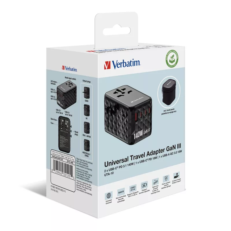 Verbatim UTA-10 140W GaN III Universalus kelioninis adapteris su 2x USB-C PD 3.1 ir QC 4+, 1x USB-C PD 3.0 ir 1x USB-A QC 3.0