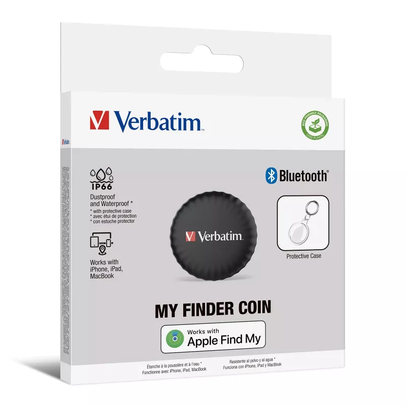 Verbatim My Finder Coin asmeninis ieškiklis, juodas, atsparus dulkėms ir vandeniui, IP66, CR2032