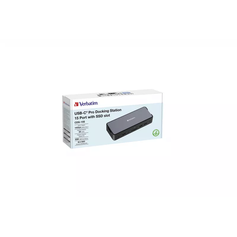 Verbatim CDS-15S laidinis USB 3.2 Gen 1 (3.1 Gen 1) Type-C dokų stotelė, juoda, pilka