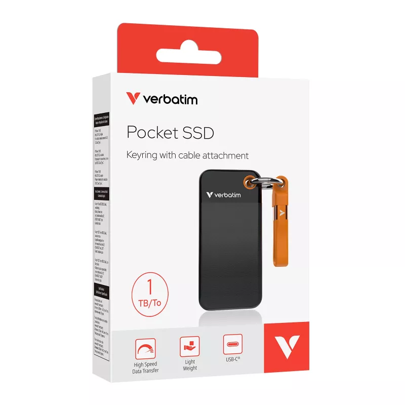 Verbatim Pocket SSD USB 3.2 Gen 2 1TB juodai oranžinis, 1 TB, USB Type-C, 3.2 Gen 2 (3.1 Gen 2), 1000 MB/s, 10 Gbit/s, juoda, oranžinė