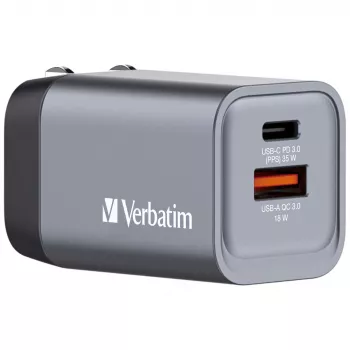 Verbatim GNC-35 GaN 35W įkroviklis su 1 x USB-C PD 35W / 1 x USB-A QC 3.0 (EU/UK/US)