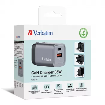 Verbatim GNC-35 GaN 35W įkroviklis su 1 x USB-C PD 35W / 1 x USB-A QC 3.0 (EU/UK/US)