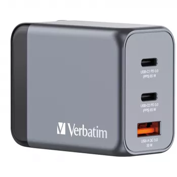 Verbatim GNC-65 GaN įkroviklis 65W su 2x USB-C PD 65W / 1x USB-A QC 3.0 (EU/UK/US)