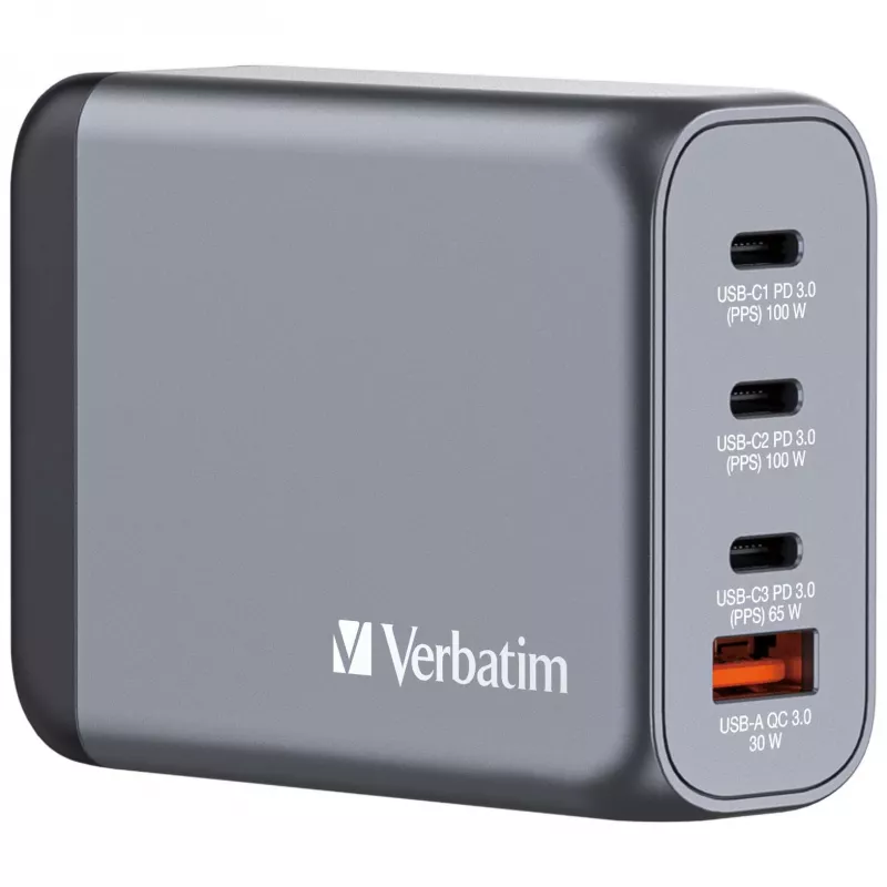 Verbatim GNC-100 GaN įkroviklis 100W su 2 x USB-C PD 100W / 1 x USB-C PD 65W / 1 x USB-A QC 3.0 (ES/JK/JAV)