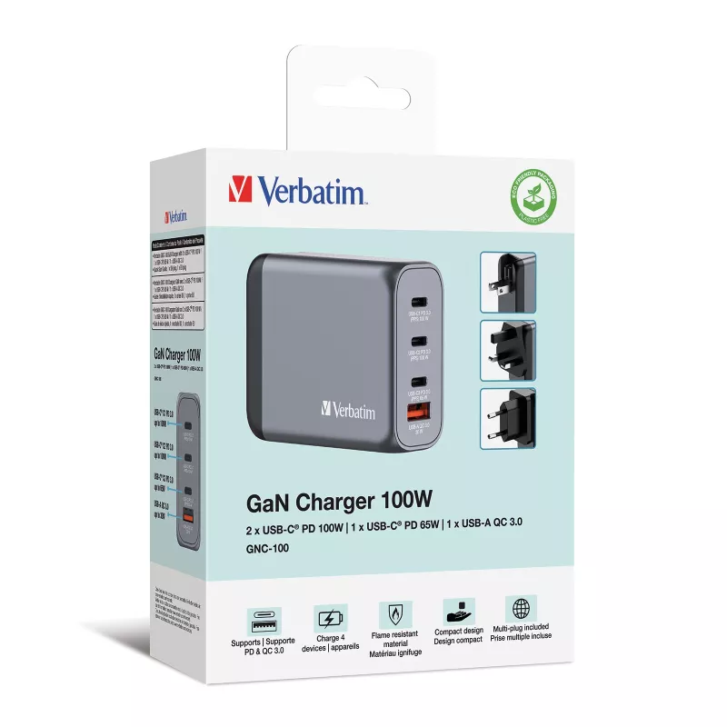 Verbatim GNC-100 GaN įkroviklis 100W su 2 x USB-C PD 100W / 1 x USB-C PD 65W / 1 x USB-A QC 3.0 (ES/JK/JAV)