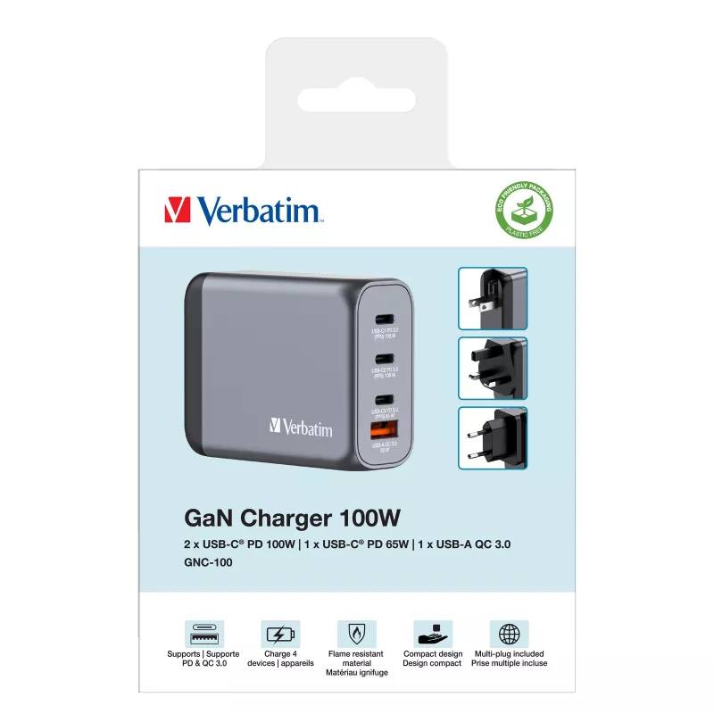 Verbatim GNC-100 GaN įkroviklis 100W su 2 x USB-C PD 100W / 1 x USB-C PD 65W / 1 x USB-A QC 3.0 (ES/JK/JAV)