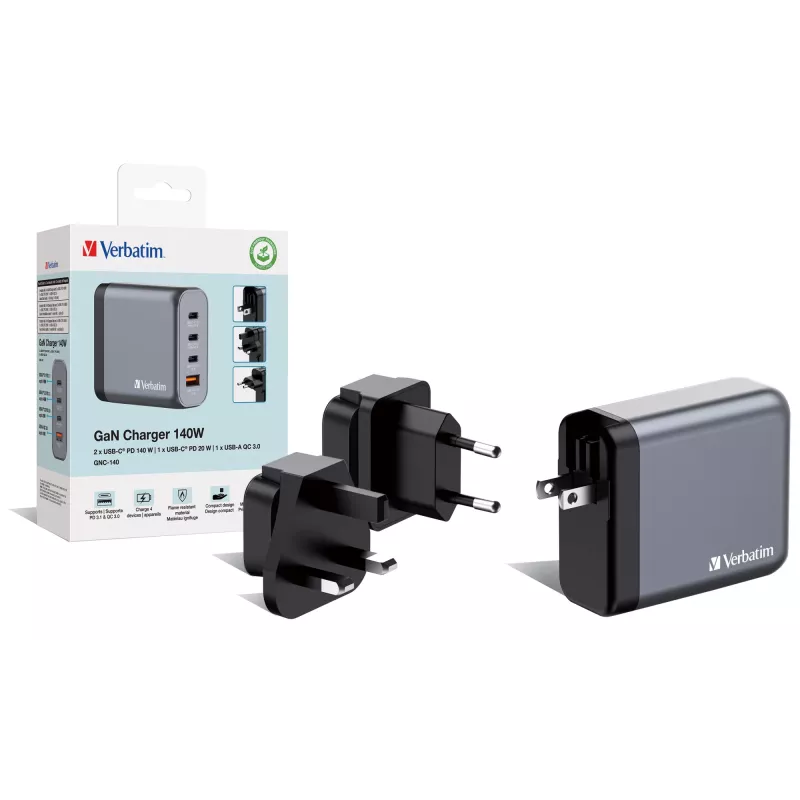 Verbatim GNC-140 GaN 140W įkroviklis su 2x USB-C PD 140W / 1x USB-C PD 20W / 1x USB-A QC 3.0 (EU/UK/US)