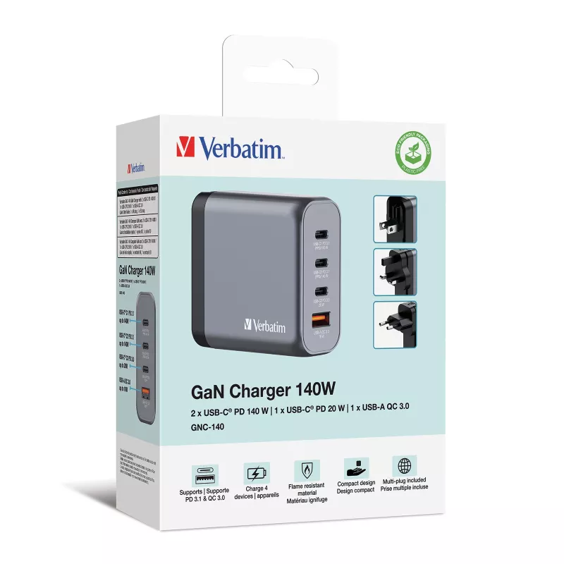 Verbatim GNC-140 GaN 140W įkroviklis su 2x USB-C PD 140W / 1x USB-C PD 20W / 1x USB-A QC 3.0 (EU/UK/US)