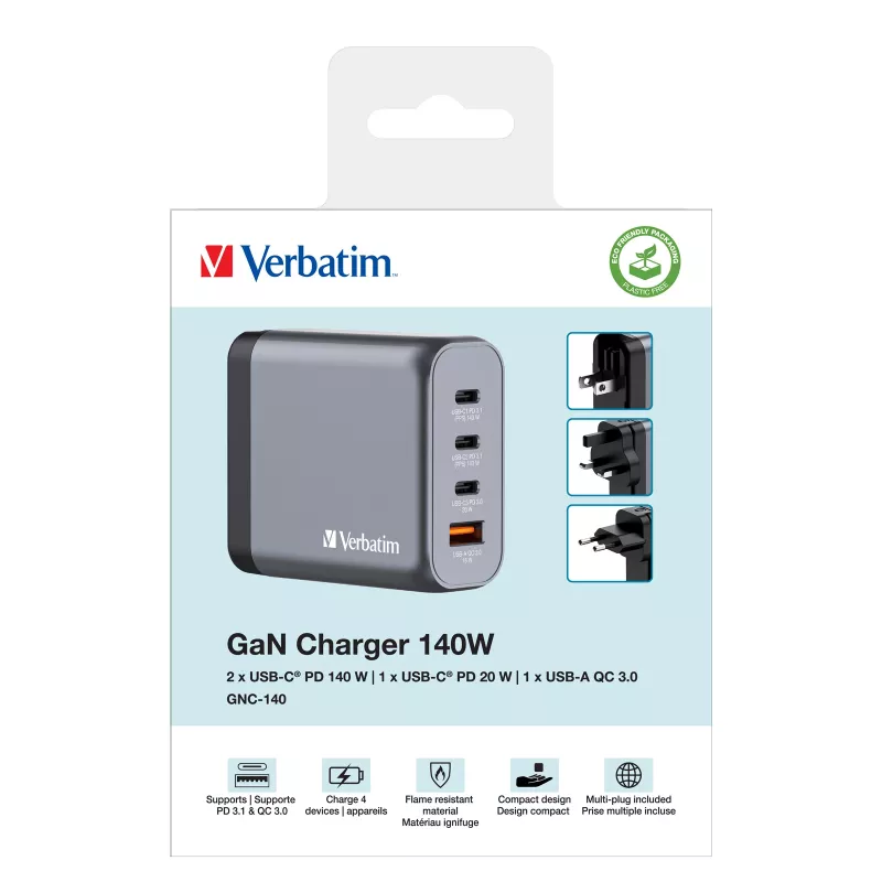 Verbatim GNC-140 GaN 140W įkroviklis su 2x USB-C PD 140W / 1x USB-C PD 20W / 1x USB-A QC 3.0 (EU/UK/US)
