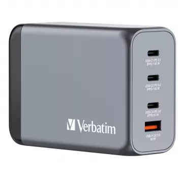 Verbatim GNC-240 GaN įkroviklis 240W su 1x USB-C 140W / 1x USB-C 100W / 1x USB-C 65W / 1x USB-A QC 3.0 (EU/UK/US)