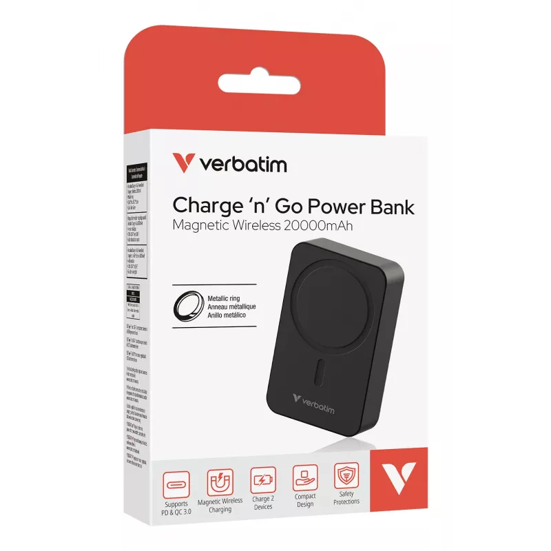 Verbatim Charge 'n' Go Essentials belaidis magnetinis power bankas 20000 mAh juodas