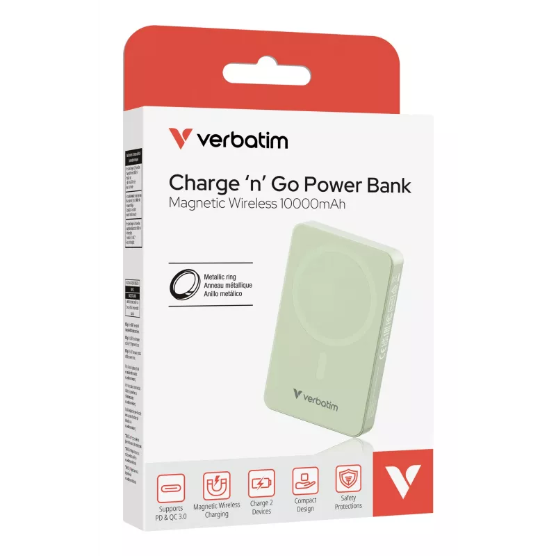 Verbatim Charge 'n' Go Essentials belaidis magnetinis power bank 10000 mAh žalias