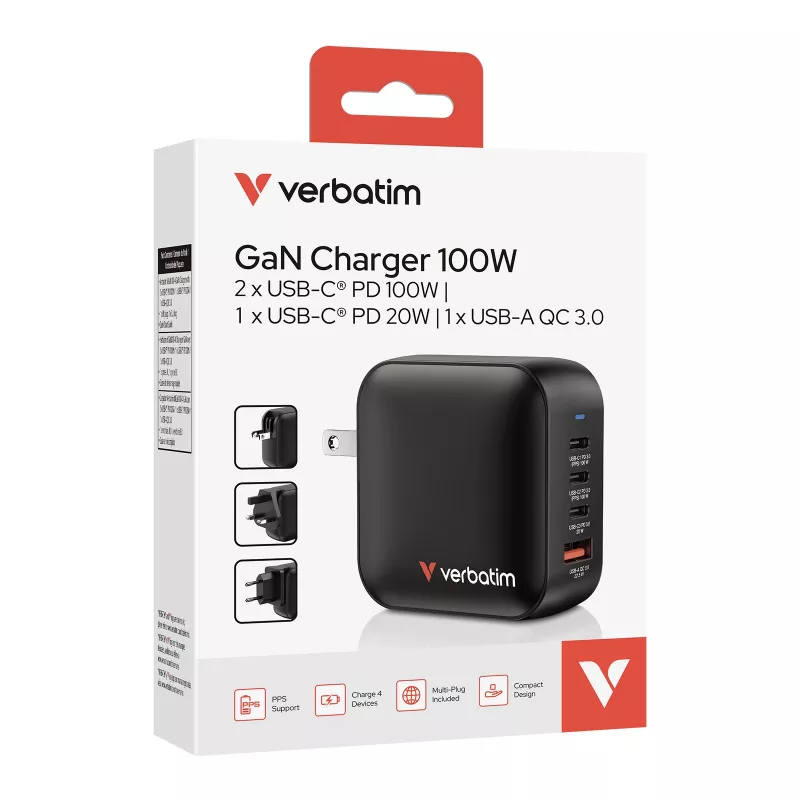Verbatim Mini GaN Įkroviklis 100W 4 Prievadai US Kištukas su EU ir UK Adapteriais