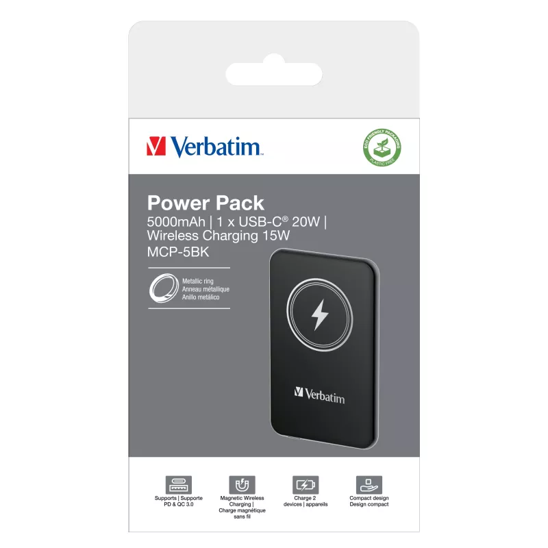 Nešiojamas power bank VERBATIM Charge AnA Go 5000mAh magnetinis belaidis, juodas