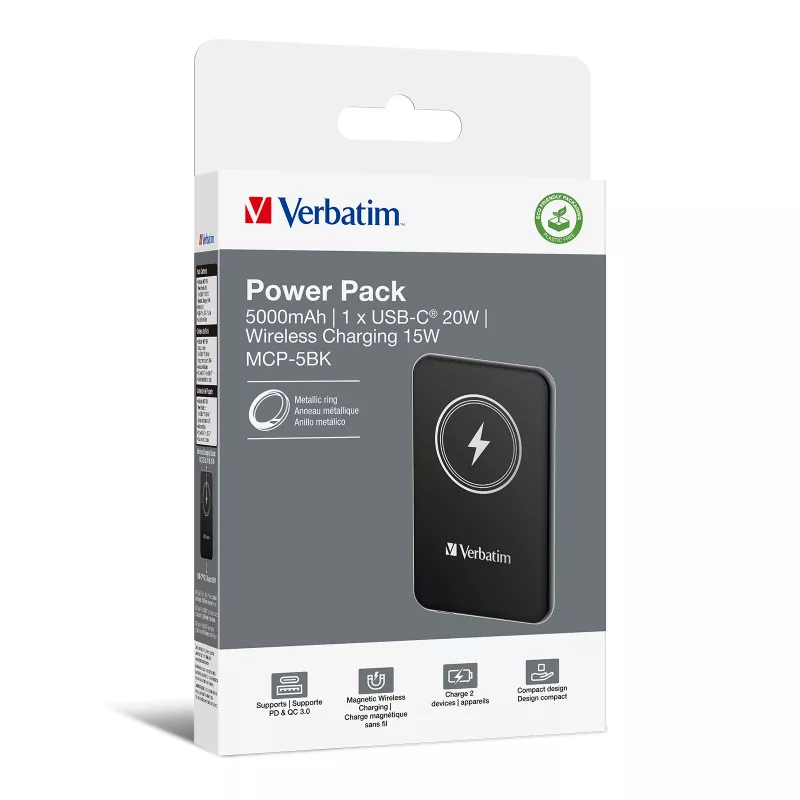 Nešiojamas power bank VERBATIM Charge AnA Go 5000mAh magnetinis belaidis, juodas