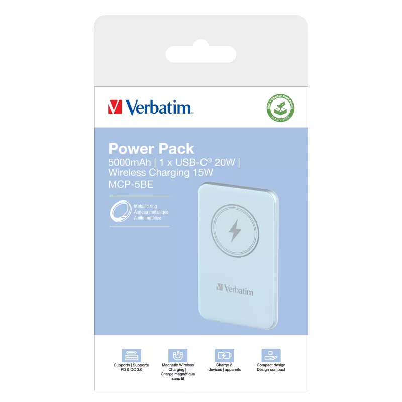 Verbatim Charge 'n' Go belaidė magnetinė power bank 5000 mAh mėlyna