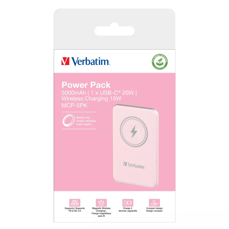 Verbatim Charge 'n' Go belaidis magnetinis power bank 5000mAh rožinis
