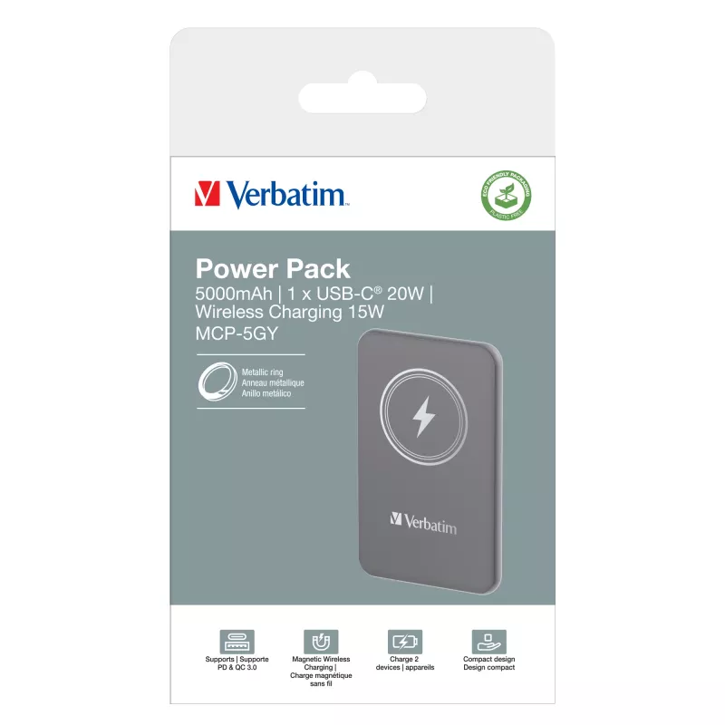 Verbatim Charge 'n' Go belaidis magnetinis powerbank 5000 mAh pilkas