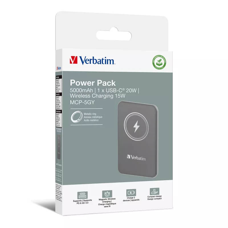 Verbatim Charge 'n' Go belaidis magnetinis powerbank 5000 mAh pilkas