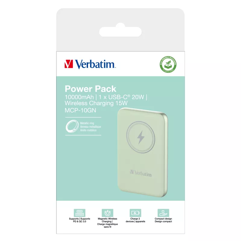 Verbatim Charge 'n' Go belaidis magnetinis powerbankas 10000 mAh žalias