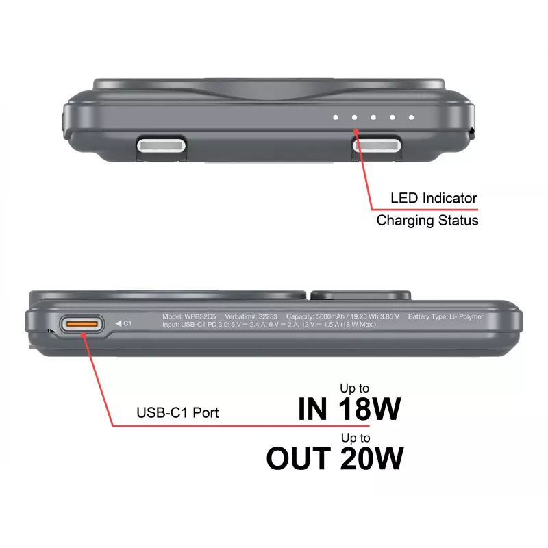 Verbatim Charge'n'Go 2C Power Bank 5000 mAh Pilka