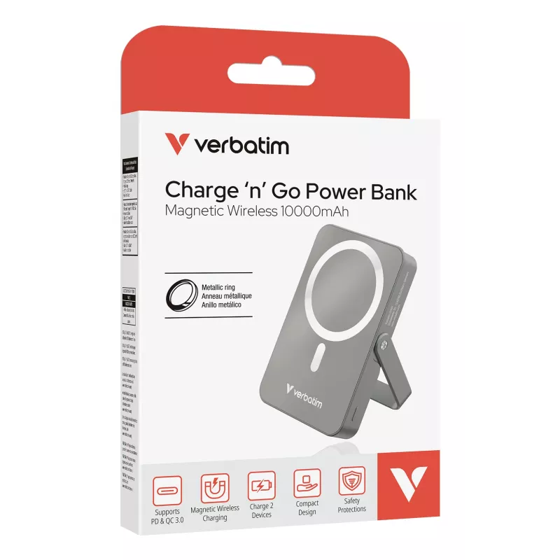 Verbatim Charge 'n' Go belaidė magnetinė Power Bank su stovu - 10000 mAh Pilka