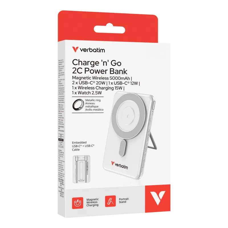 Verbatim Charge'n'Go 2C Power Bank 5000 mAh sidabrinis