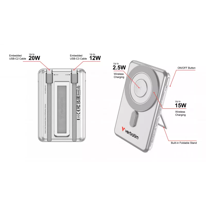 Verbatim Charge'n'Go 2C Power Bank 5000 mAh sidabrinis