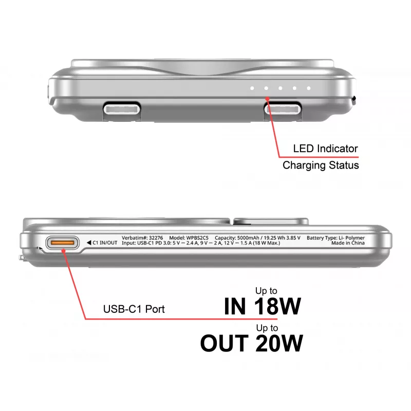 Verbatim Charge'n'Go 2C Power Bank 5000 mAh sidabrinis