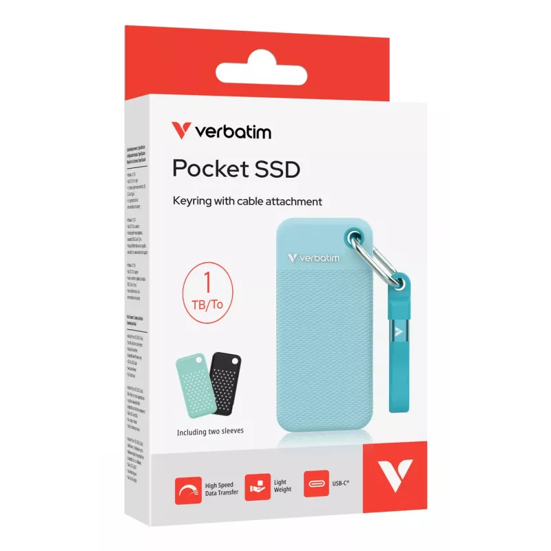 Verbatim Pocket SSD USB 3.2 Gen 2 1TB Polar Blue su dviem guminiais dangteliais