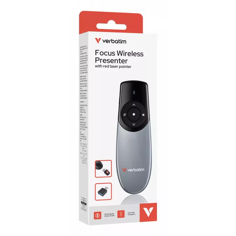Verbatim Focus belaidis pristatymo įrenginys su raudonu lazeriniu rodykle, RF, USB, 30 m, juodas, sidabrinis