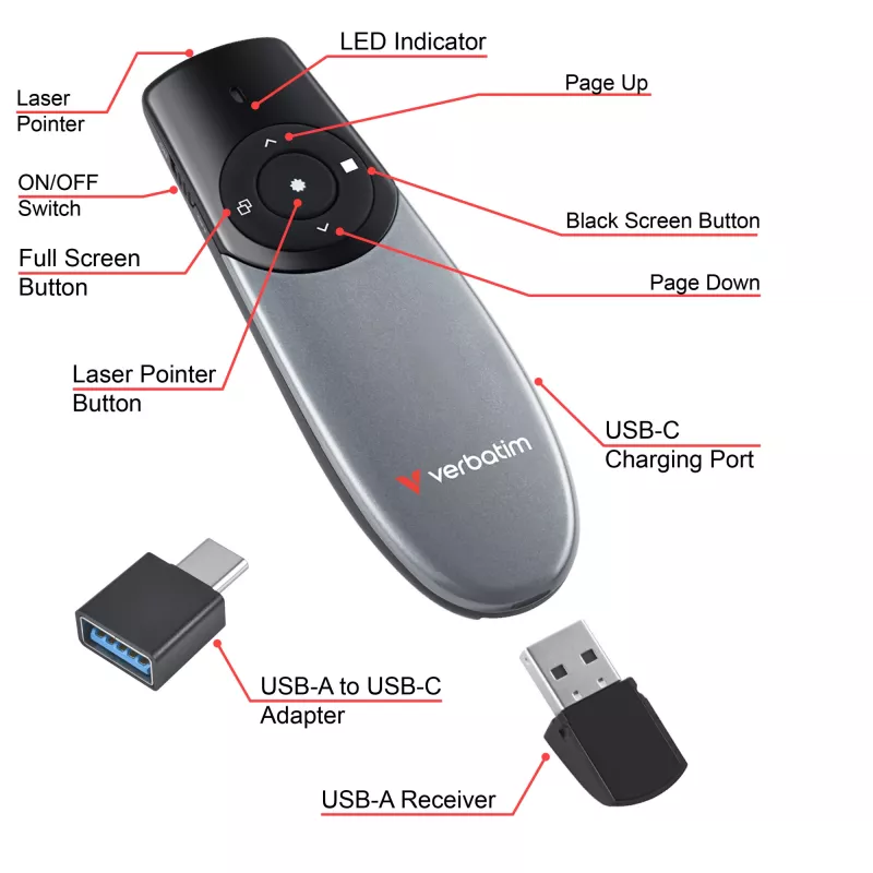 Verbatim Focus belaidis pristatymo įrenginys su raudonu lazeriniu rodykle, RF, USB, 30 m, juodas, sidabrinis