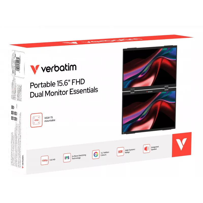 Nešiojamas dviejų monitorių rinkinys Verbatim Portable 15.6 inch FHD Dual Monitor Essentials, 39,6 cm (15,6 inch), LCD, 1920 x 1080 pikselių, Full HD, 16:9, 10 ms
