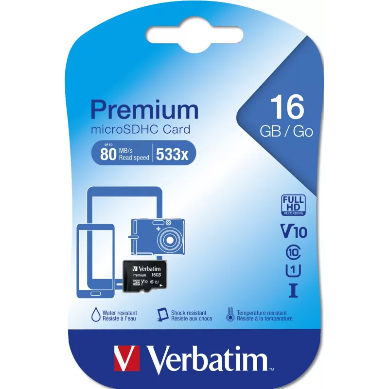 MicroSDHC atminties kortelė Verbatim Premium 16GB Class 10 Juoda 44010