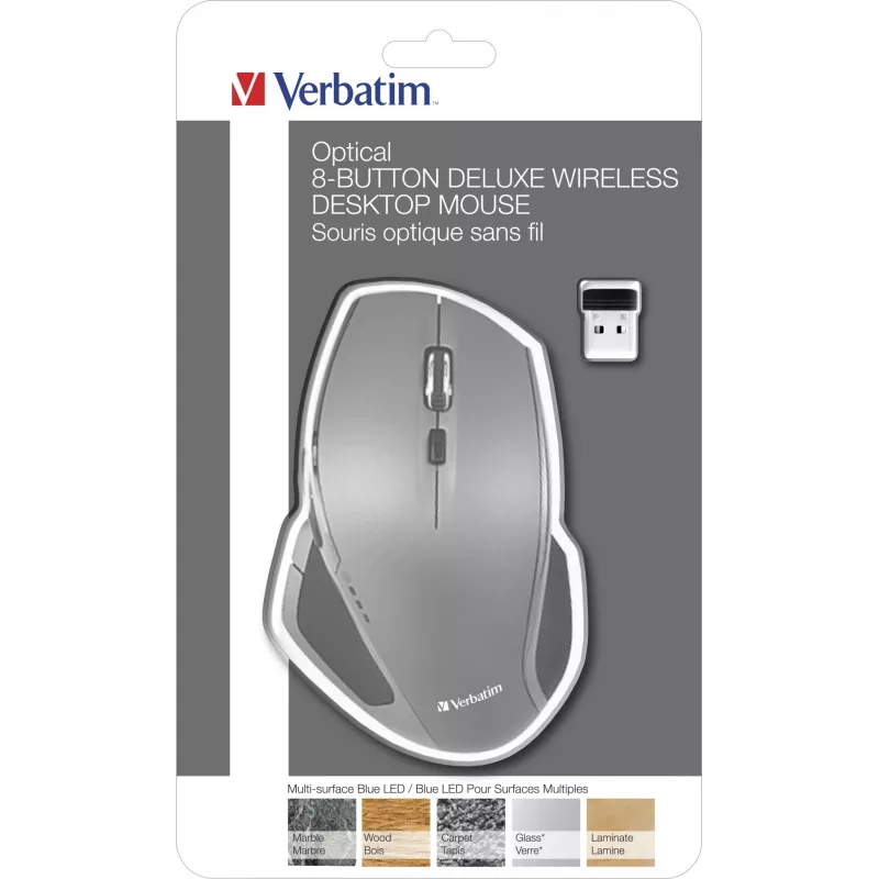 Verbatim 8 mygtukų belaidė pelė su Blue LED, RF belaidė, 1600 DPI, juoda, pilka