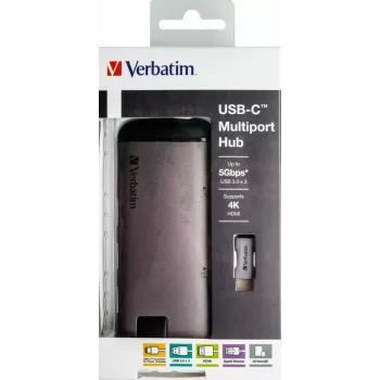 Verbatim 49142 USB-C daugiafunkcis stotelės jungties adapteris, USB 3.2 Gen 1 (3.1 Gen 1) Type-C, juodas, sidabrinis