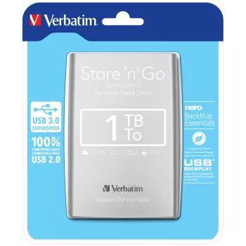 Verbatim Store 'n' Go USB 3.0 nešiojamas kietasis diskas 1TB sidabrinis