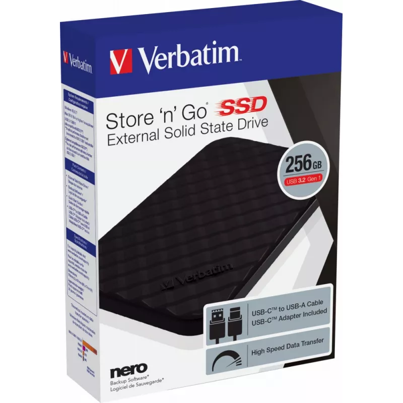 Verbatim Store 'n' Go Portable SSD 256GB, USB 3.2 Gen 1, USB-C, juoda