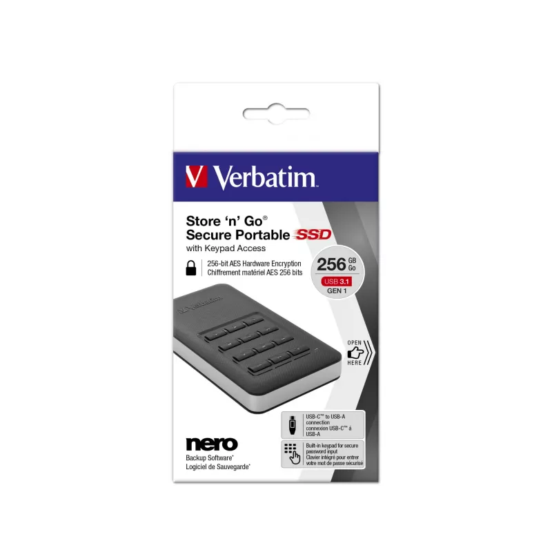 Verbatim Store 'n' Go nešiojamasis SSD su klaviatūra 256GB, juodas/sidabrinis