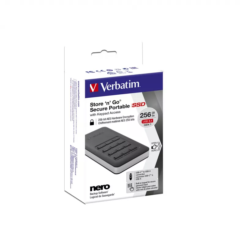 Verbatim Store 'n' Go nešiojamasis SSD su klaviatūra 256GB, juodas/sidabrinis