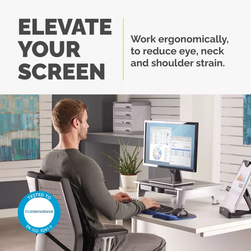 Ergonomiškas monitoriaus stovas Fellowes su 5 aukščio reguliavimais, iki 36 kg, 28 colių, grafitas