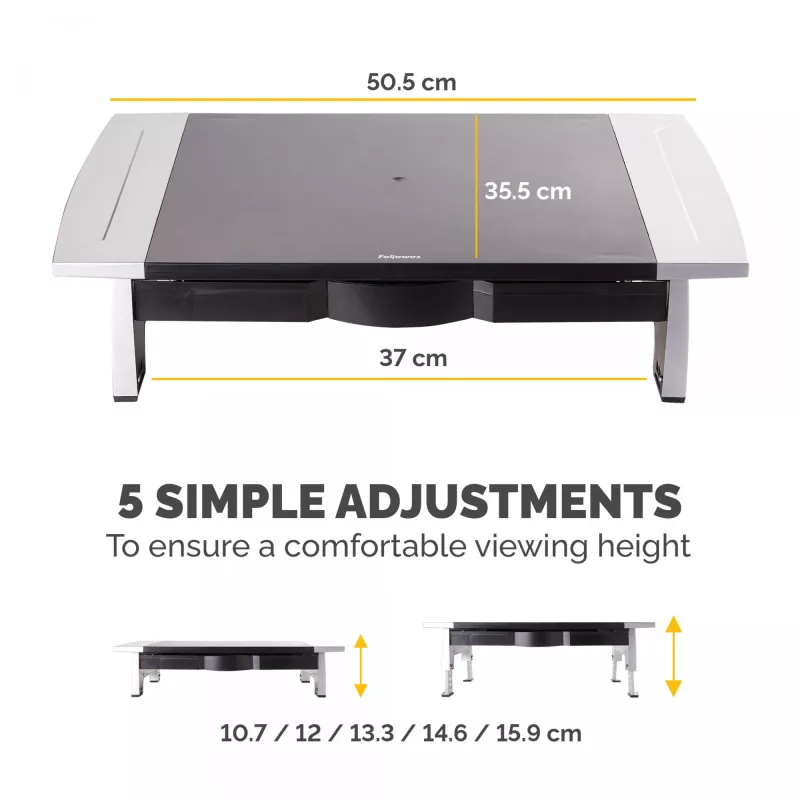 Ergonomiškas monitoriaus stovas Fellowes su 5 aukščio reguliavimais, iki 36 kg, 28 colių, grafitas