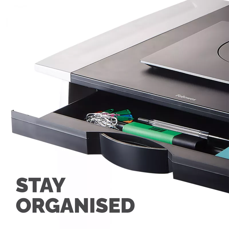 Ergonomiškas monitoriaus stovas Fellowes su 5 aukščio reguliavimais, iki 36 kg, 28 colių, grafitas