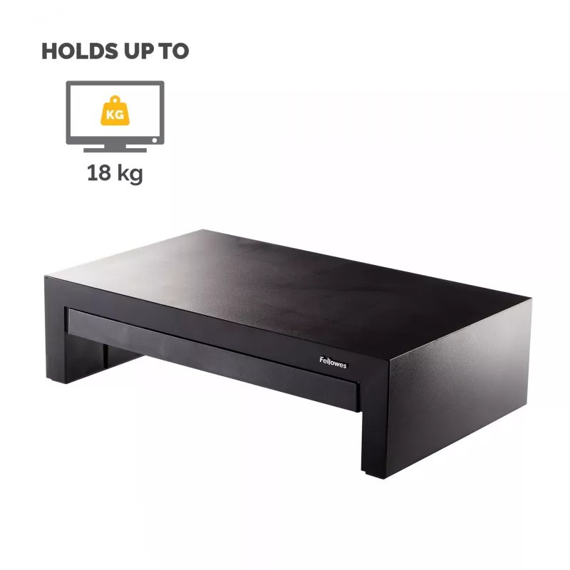 Pakovas Fellowes Designer Suites reguliuojamo aukščio monitoriaus stovas su 3 aukščio padėtimis, juodas/perlamutrinis