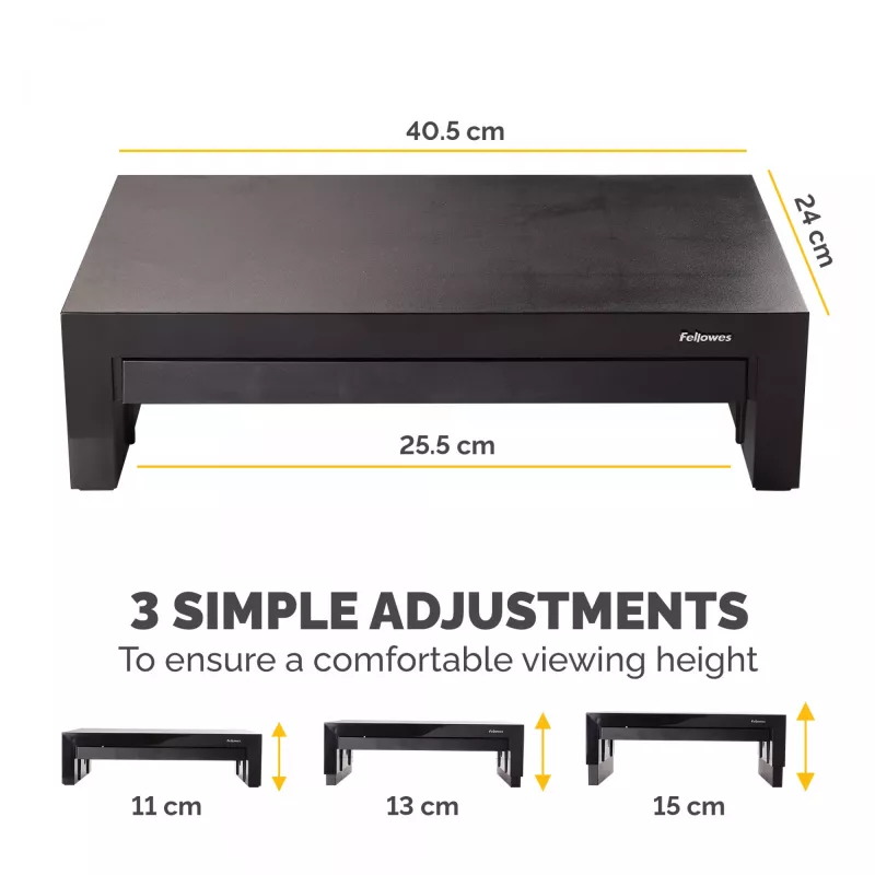 Pakovas Fellowes Designer Suites reguliuojamo aukščio monitoriaus stovas su 3 aukščio padėtimis, juodas/perlamutrinis