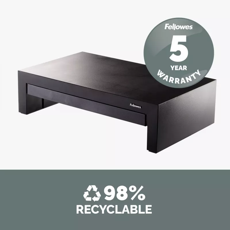 Pakovas Fellowes Designer Suites reguliuojamo aukščio monitoriaus stovas su 3 aukščio padėtimis, juodas/perlamutrinis