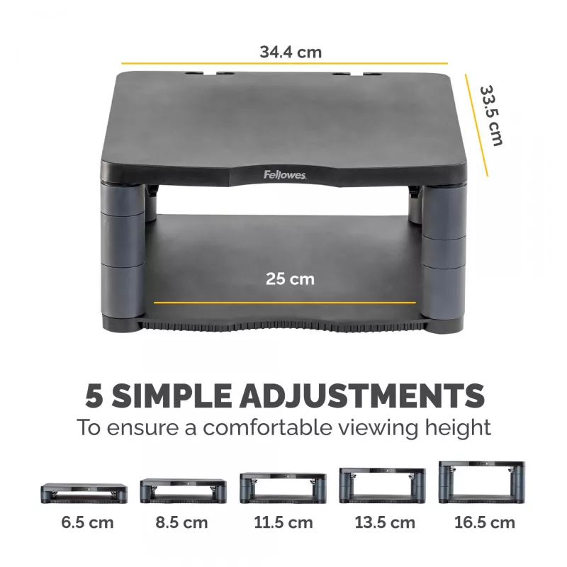 Fellowes Premium Monitor Riser Graphite – reguliuojamas stovas monitoriui, laisvai pastatomas, 36 kg, 53,3 cm (21 colis), aukščio reguliavimas, grafitas