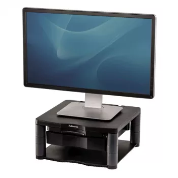 Fellowes reguliuojamas monitoriaus stovas su 3 aukščio padėtimis - Premium Monitor Riser Plus su kabelių valdymu - ergonomiškas reguliuojamas stovas kompiuteriams - maks. svoris 36 kg/maks. dydis 21 colis - grafitas