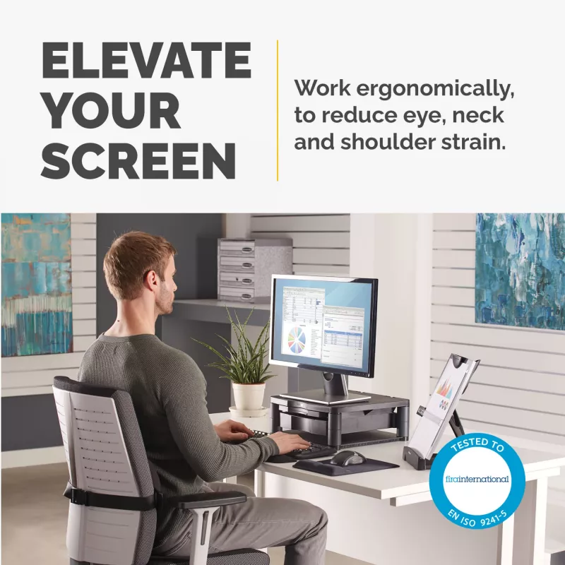 Fellowes reguliuojamas monitoriaus stovas su 3 aukščio padėtimis - Premium Monitor Riser Plus su kabelių valdymu - ergonomiškas reguliuojamas stovas kompiuteriams - maks. svoris 36 kg/maks. dydis 21 colis - grafitas